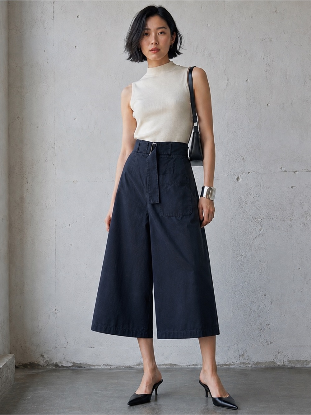 COS Navy Cotton Belted Utility Wide-Leg Culotte Pants Size 2